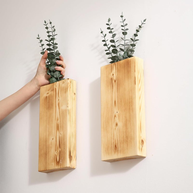 GRID FORTE Wood Wall Planter Set of 2, Wood Wall Pocket for Greenery and Dried Flowers, Indoor Wood Hanging Vase, Modern Farmhouse Wall Decor for Living Room Bedroom Office Eucalyptus Stems Decorations (Retro) - Image 5